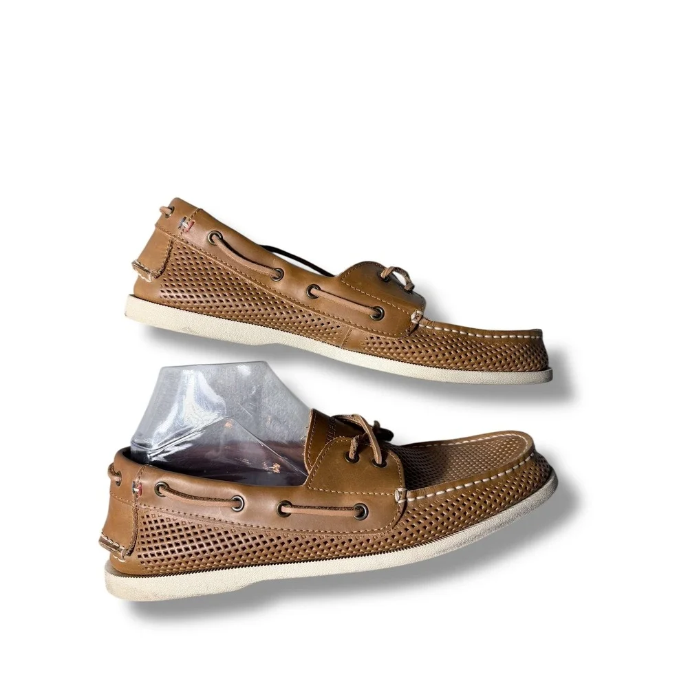 Tommy Hilfiger Mens Leather Perforated Boat Shoes Tan Size 13 BOWMAN